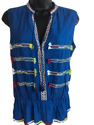 #ad Fun Summer Top M Boho Embroidered Blue Tassels Beaded Sleeveless Peplum Blouse S $24.95