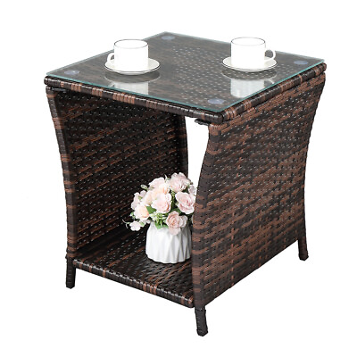 #ad Outdoor Side End Table Patio Rattan Wicker Glass Top Coffee Table with Storage $48.89