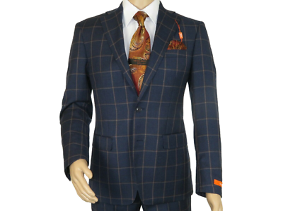 #ad Men TALLIA Suit Wool Blend English Plaid Classic 2Button VDVA2SVX0013 Blue Brown $299.99