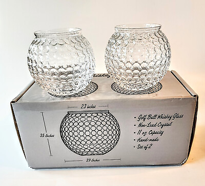 #ad Golf Ball Whiskey Crystal Glass Gift Set 11 oz Handmade Set of 2 NEW in Box $20.00