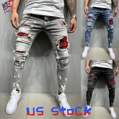 #ad Mens Skinny Fit Ripped Jeans Stretch Biker Distressed Denim Pants Casual Trouser $33.02