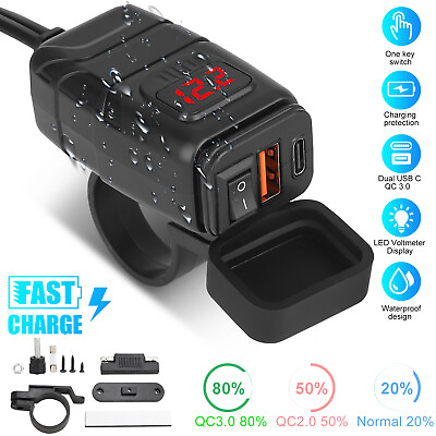 #ad LED Waterproof Motorcycle 2USB Phone GPS QC3.0 PD Fast Charger Adapter Voltmeter $15.98