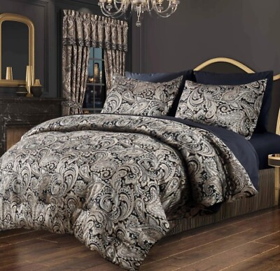 #ad Black Gold Queen Comforter Set Modern Jacquard 7 Pieces Set for Luxurious Sleep $79.99