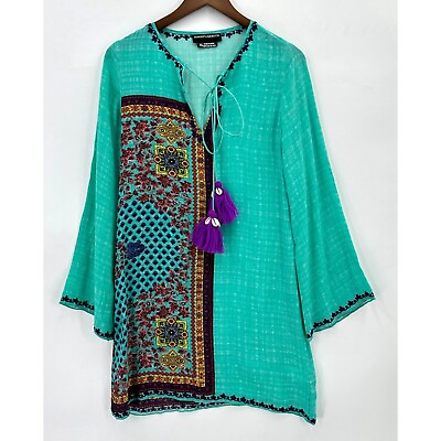 #ad Hemant amp; Nandita Tunic Dress Womens Long Sleeve Tasseled Silk Sea Green Multi XS $59.99