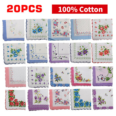 #ad 20PCS Lady Handkerchiefs 100% Cotton Hankies Pocket Vintage Classic Handkerchief $11.98