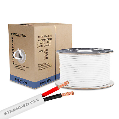 #ad 50FT Speaker Wire 16AWG 2 Conductor Audio Cable In Wall Cord CL2 Bulk White $18.79