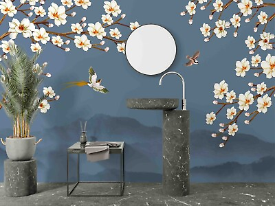 #ad 3D Peach Blossom Bird Mountain Self adhesive Removeable Wallpaper Wall Mural1 $179.99