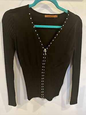 #ad Belldini Zipper Front Black Cardigan Ribbed Sleeve Silver Embellishments Small $14.94