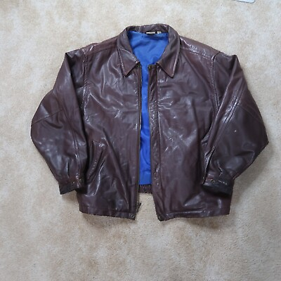 #ad Vintage Leather Coat Jacket Men#x27;s large Brown Merit Awards Borken Zipper $44.99