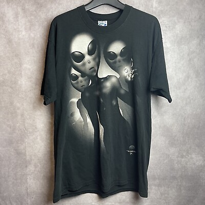 #ad Vintage 1996 Alien UFO Liquid Blue Black Graphic T Shirt Adult Size XL Made USA $99.99