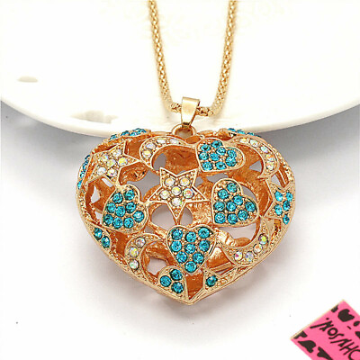 #ad New Fashion Women Shiny Crystal Blue Heart Hollow Star Moon Pendant Necklace $3.59