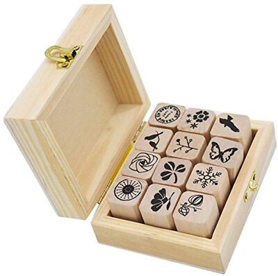 #ad 12 Pcs Mini Cute Wooden Rubber Stamps DIY Diary Stamps Set with Wooden Box $16.97