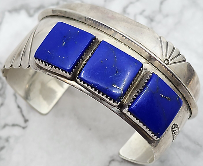 #ad Navajo Made Sterling Silver amp; Lapis lazuli Wide Cuff Bracelet 6.5quot; $299.95