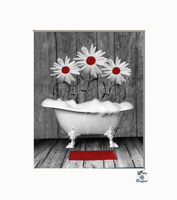 #ad Bathroom Wall Art Rustic Daisy Flowers Tub Matted Wall Print Handmade $16.99