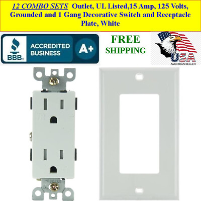 #ad 12 COMBO SETS Dual Wall Outlet UL Listed 15 Amp and 1 Gang Wall Plate White $139.20