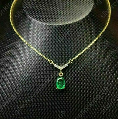 #ad 2.20 Ct Oval Simulated Emerald Diamond Pendant Necklace 925 Silver Gold Plated . $80.00