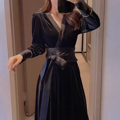 #ad Velvet Midi Dress Women Bandage Design Long Sleeve Black Vintage Dress Korean $43.74