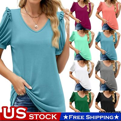 #ad Women Puff Short Sleeve Pullover Tee Ladies Casual Blouse V Neck Tops T Shirts $12.59