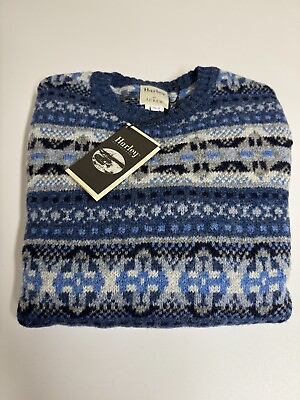 #ad Harley of Scotland x J.Crew Mens sweater Small 100% Pure new wool Fair Isle blue $135.70