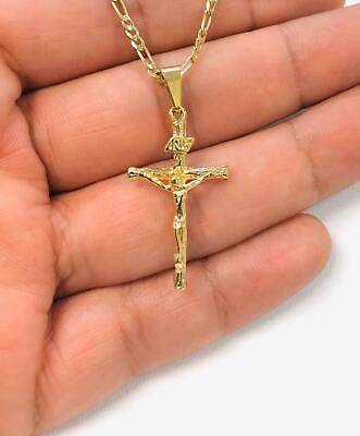 #ad #ad Rustic Cross Necklace 14K Gold F Crucifix Pendant Figaro Link Chain 20quot; Womens $29.99