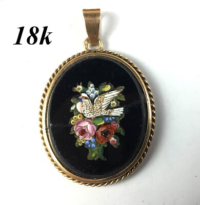 #ad Antique 19th Century Italian Micro Mosaic 18k Mounted Flower and Dove Pendant $408.75