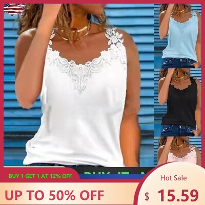 #ad Sexy Women Solid Sleeveless Vest Ladies Lace Casual Blouse Beach Cami Tank Top $15.59