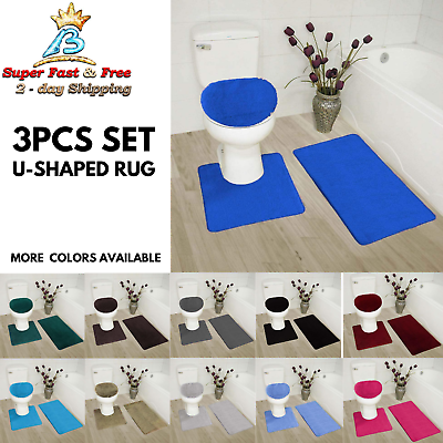 #ad Non Slip Bath Mat Set Bathroom U Shaped Contour Rug Toilet Lid Cover 3 Pcs NEW $50.10