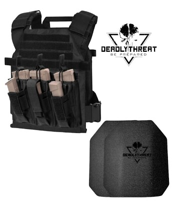 #ad Active Shooter Black Tactical Vest Plate Carrier With Level III Armor Plates $178.00