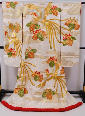 #ad Vintage Japanese Kimono Uchikake Gorgeous wedding Gold Phoenix embroidery u58 $200.00
