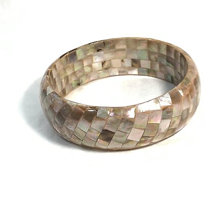 #ad Vintage Mosaic Inlay Shell Bangle Bracelet Mother Of Pearl Tan Pink $22.95