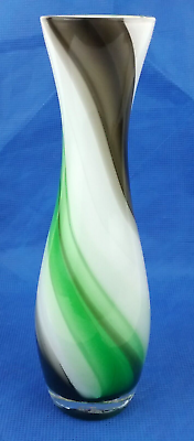 #ad National Potteries Co. Art Glass Bud Vase Green Black White Swirl 7quot; Retro Style $27.97
