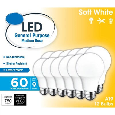 #ad 9W 60W Equivalent LED Light Bulb A19 E26 Medium Base Soft White 12 Pack $14.37