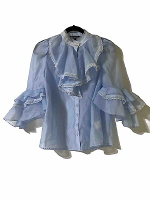 #ad Dabuwawa Sheer Baby Blue Ruffle Long Sleeve Top Size Medium $15.50