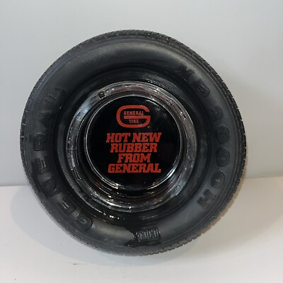 #ad VINTAGE GENERAL TIRE RUBBER ASHTRAY WITH GLASS INSERT $28.69