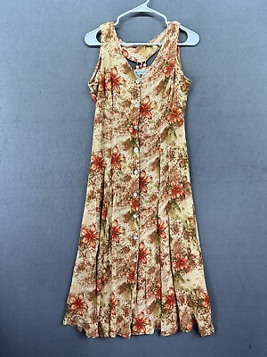 #ad Vintage Dress Barn Dress Womens 8 Beige Floral Hawaiian Maxi Button Up 90s $12.60