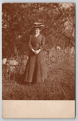 #ad RPPC Lovely Lady Victorian Woman Rustic Scenery Real Photo Postcard J25 $12.95