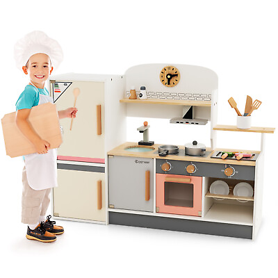 #ad Kids Chef Play Kitchen Set Toddlers Wooden Pretend Toy Playset with Range Hood $89.99