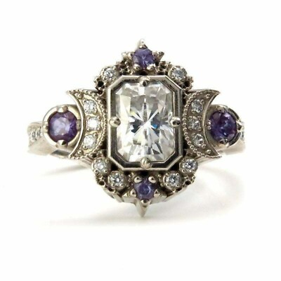 #ad Art Deco Style Lab Created Diamond Moon Goddess Vintage Engagement Silver Ring $66.50