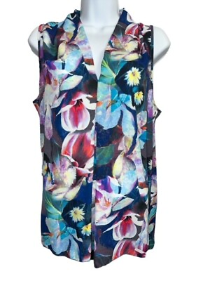 #ad Spense Top Large Blue Purple Floral Semi Sheer Polyester Sleeveless Long Blouse $5.95