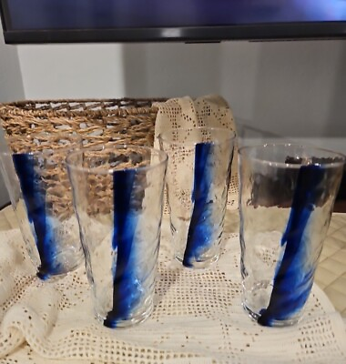 #ad 4 Vtg Blue Ribbon Twist Swirl Glasses 6quot; Tumblers. Perfect Condition. $30.00