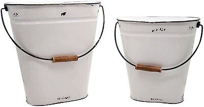 #ad White Metal Bucket Style Planters Set 2 Assorted Size Farmhouse Storage Buckets $51.43