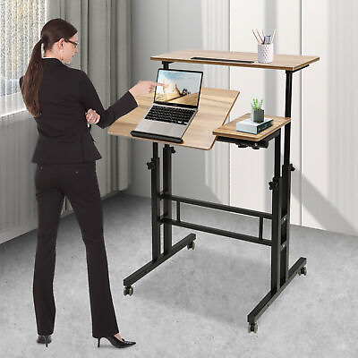 #ad Rolling Laptop Desk Adjustable Height Computer Table Stand up Office Workstation $69.82
