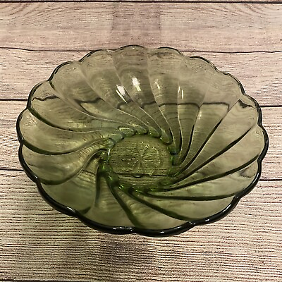 #ad Vintage Hazel Atlas 9” Colonial Swirl Green Glass Scalloped Bowl $13.50
