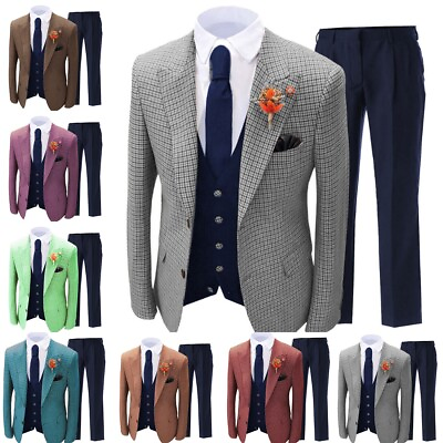 #ad Men‘s 3 Pcs Suit Peak Lapel Plaid Groom Vintage Wedding Tuxedo BlazervestPants GBP 89.99