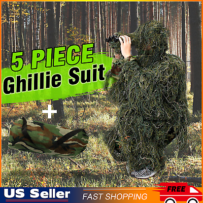 #ad New Ghillie Suit M L Camo Woodland Camouflage Forest Hunting 3D 4 Piece Bag $33.99