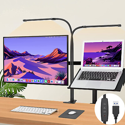 #ad Dual Heads Dimmable LED Office Desk Lamp Clip on Gooseneck Reading Light 3Colors $39.59