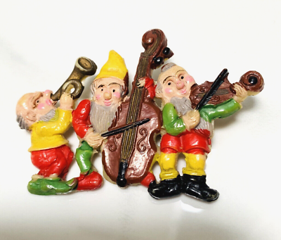 #ad VTG snow white celluloid occupy Japan pin Gnome 3 Dwarf Vtg Brooch Pin violin $13.59