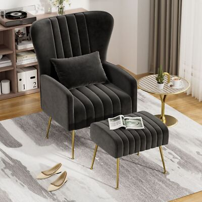 #ad Modern Velvet Accent Chair with Footstool Comfy Tufted Lounge Lazy Armchair $179.99
