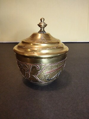 #ad Antique Lidded Pot Cairoware Persian Islamic Brass Copper $25.00