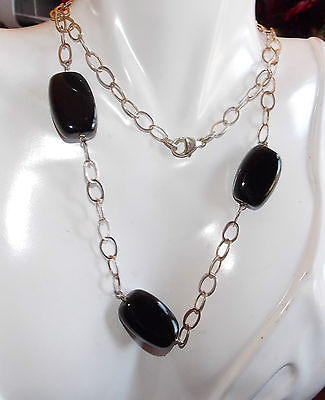 #ad Cool Sterling Silver Wired Large Links Wired Black Onyx beads Necklace 8a 1 $116.99